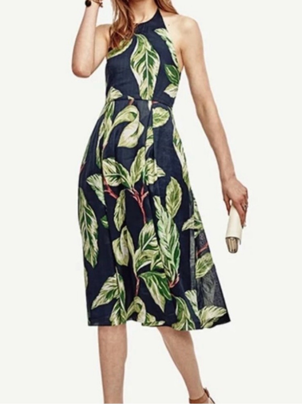 Ann Taylor Factory Navy Halter Dress with Green Leaf Print size 14 P